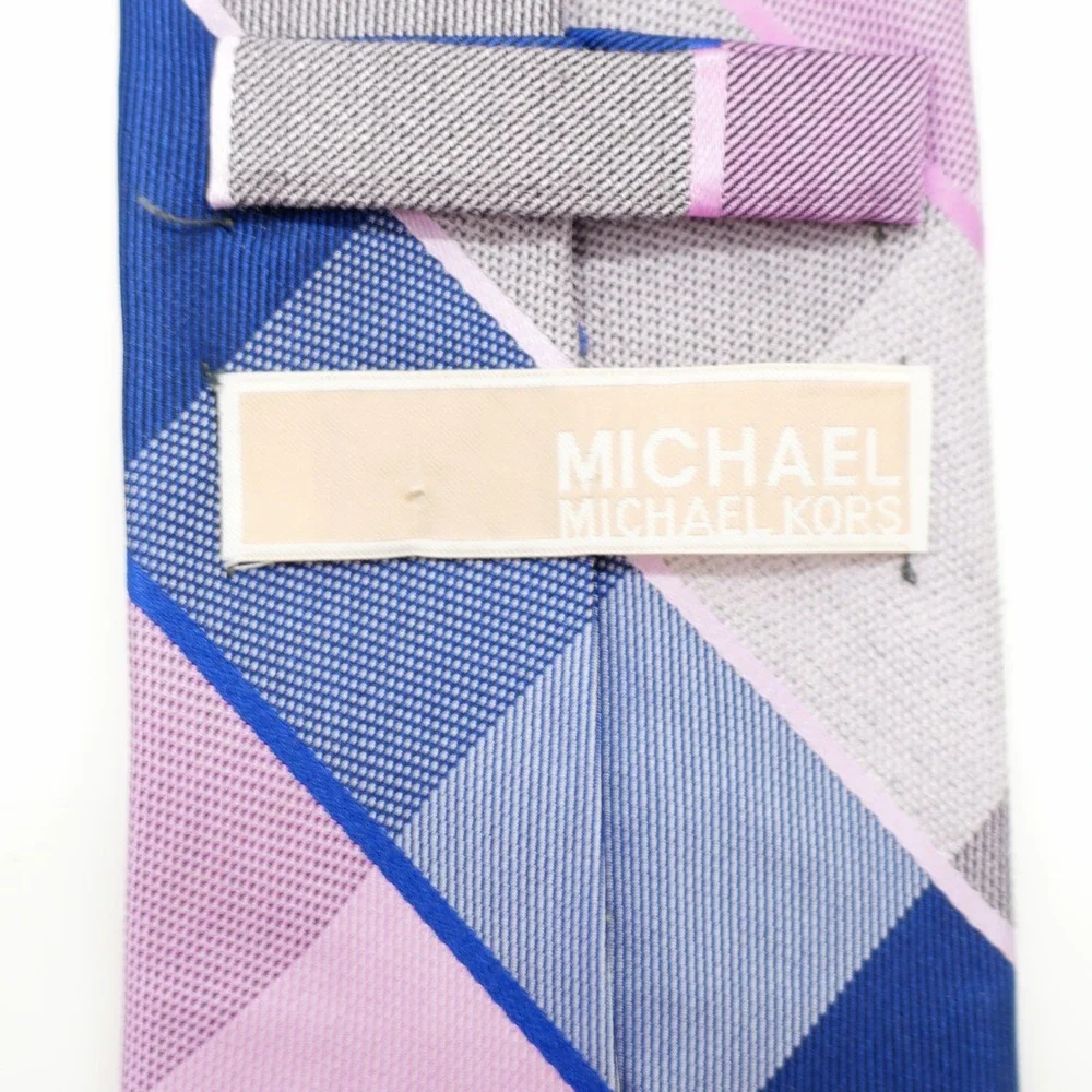 Michael Kors Blue Pink Gray Woven‎ Plaid Silk Tie